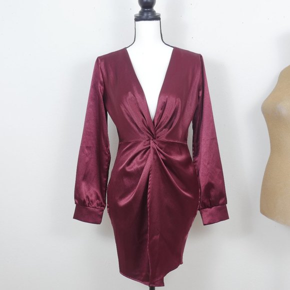 Privy Dark Red Wine Satin Deep V Neck Long Sleeve Gathered Waist SZ M Sexy Dress - Picture 1 of 16